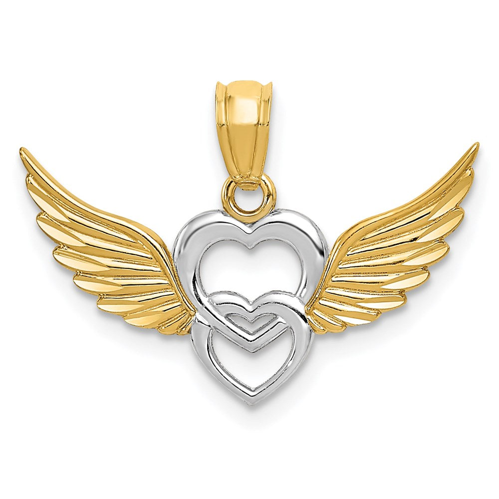 14k Yellow Gold &amp; White Rhodium Double Winged Hearts Pendant, Item P9384 by The Black Bow Jewelry Co.