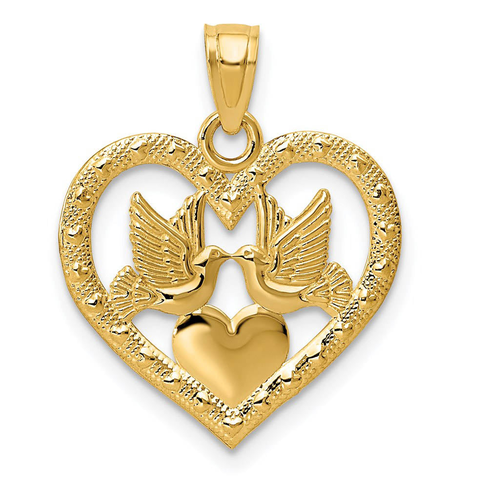 14k Yellow Gold Lovebirds and Hearts Pendant, Item P9396 by The Black Bow Jewelry Co.