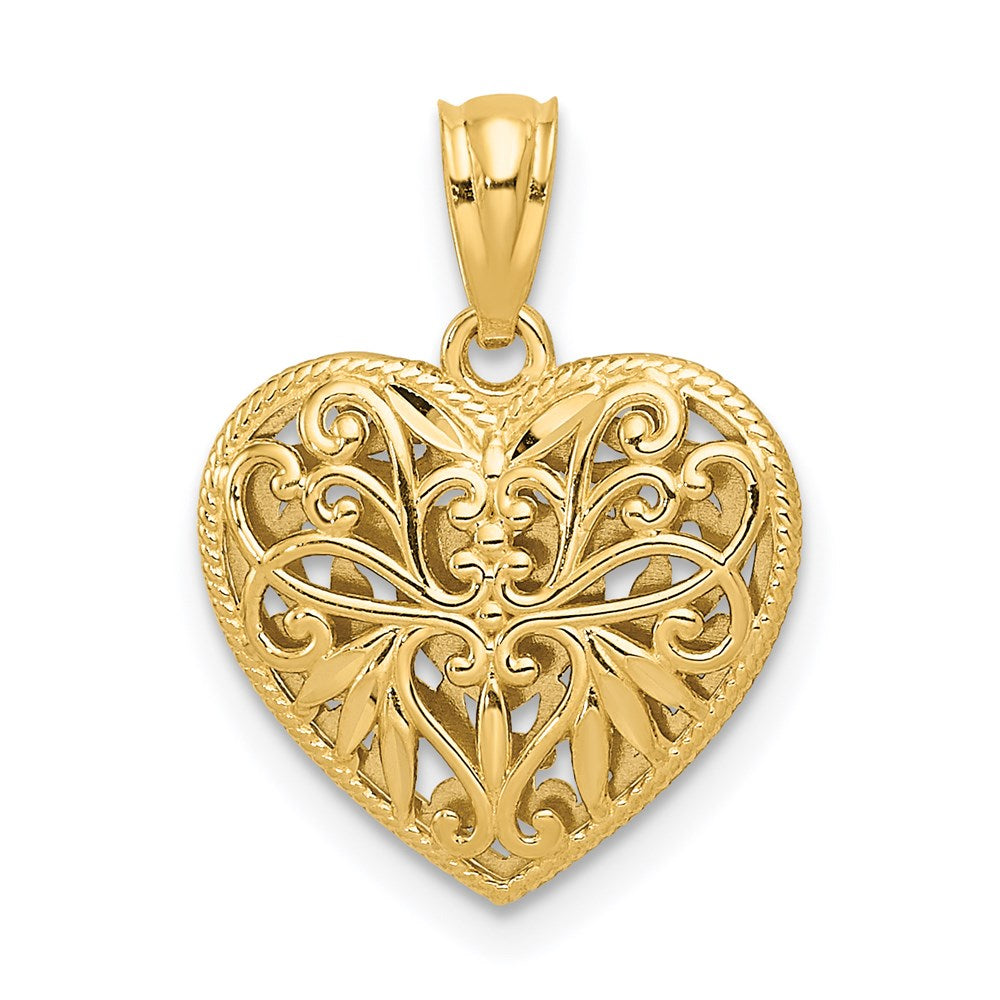 14k Two Tone Gold 14mm Reversible Filigree Heart Pendant, Item P9403 by The Black Bow Jewelry Co.