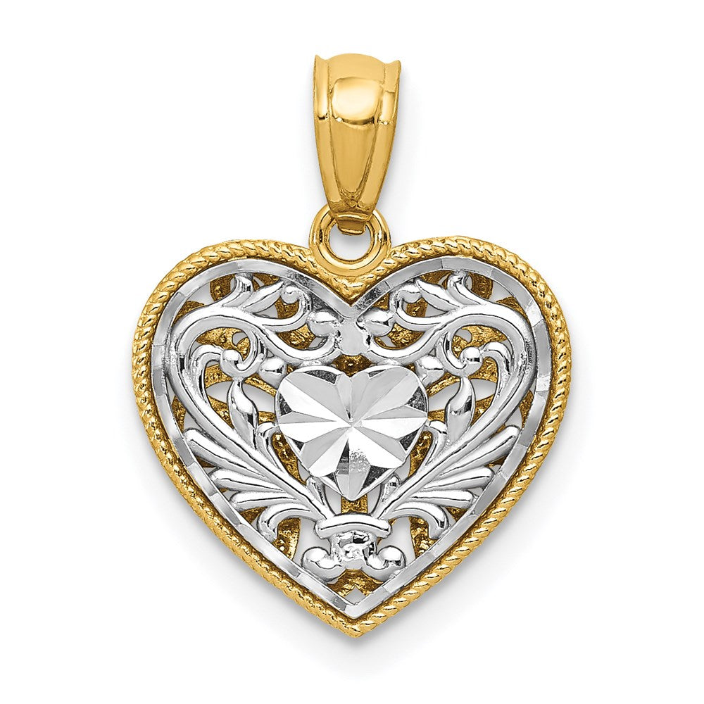 Alternate view of the 14k Two Tone Gold 14mm Reversible Filigree Heart Pendant by The Black Bow Jewelry Co.