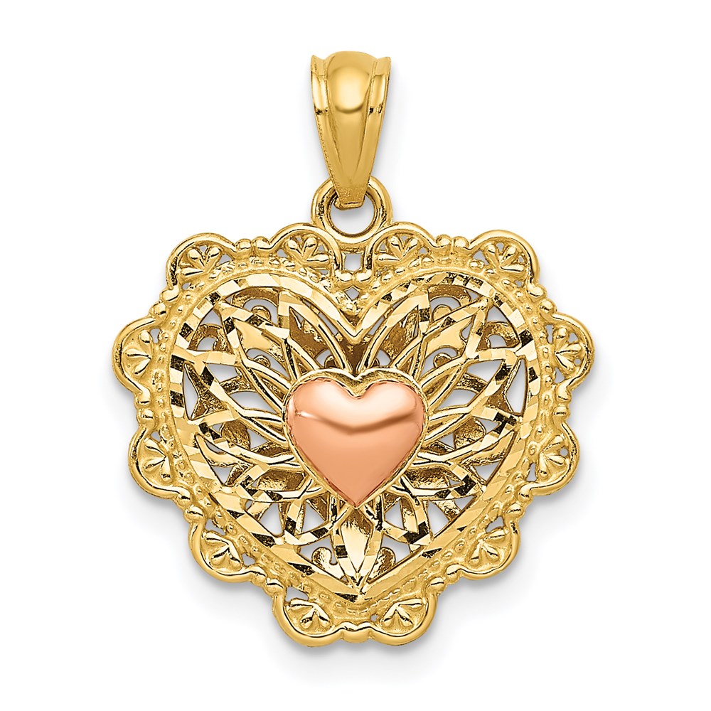 14k Two Tone Gold 16mm Reversible Filigree Heart Pendant, Item P9406 by The Black Bow Jewelry Co.
