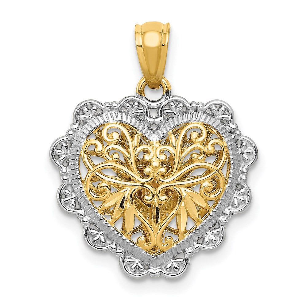 Alternate view of the 14k Two Tone Gold 16mm Reversible Filigree Heart Pendant by The Black Bow Jewelry Co.