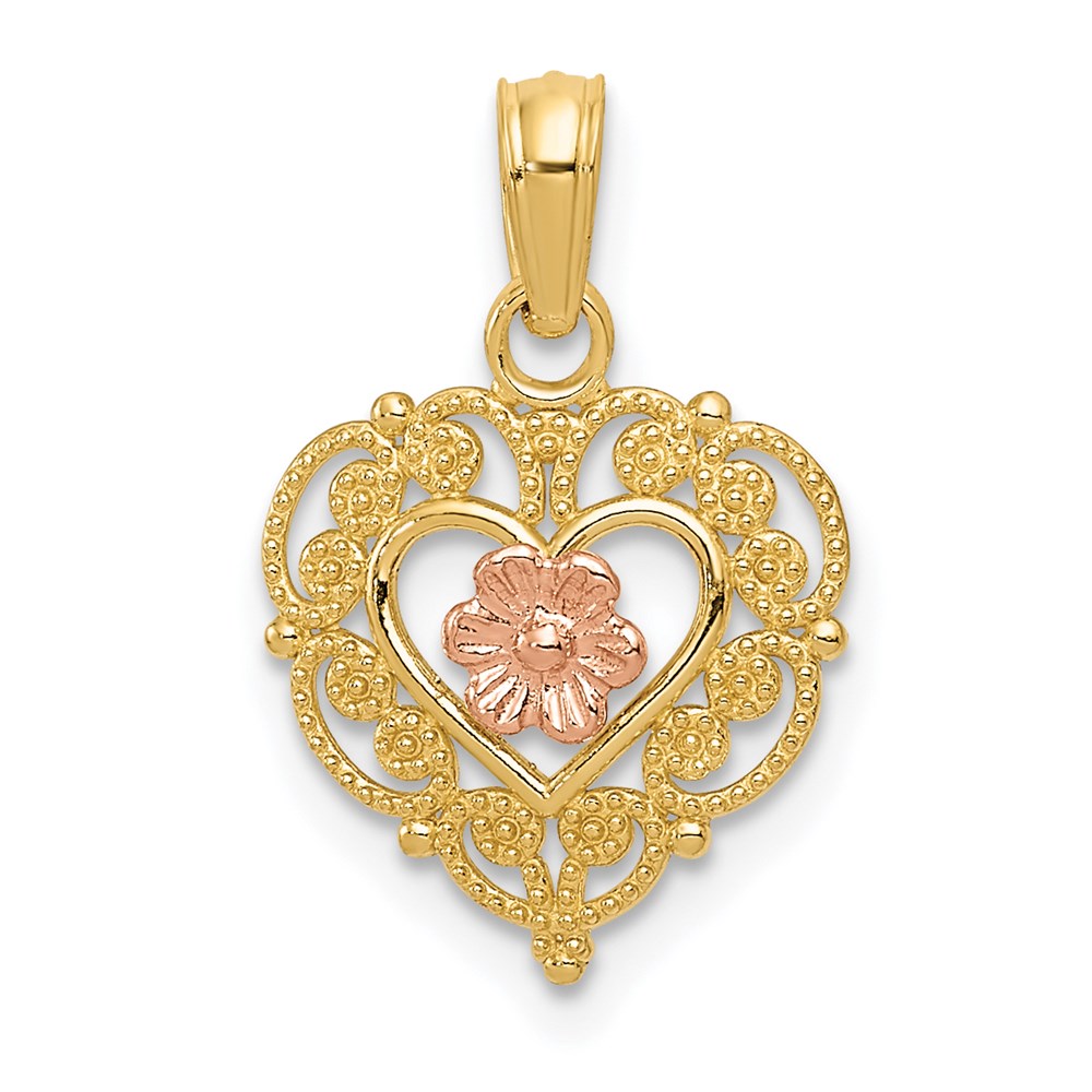 14k Rose and Yellow Gold, Lace Trim Heart and Pink Flower Pendant, Item P9422 by The Black Bow Jewelry Co.