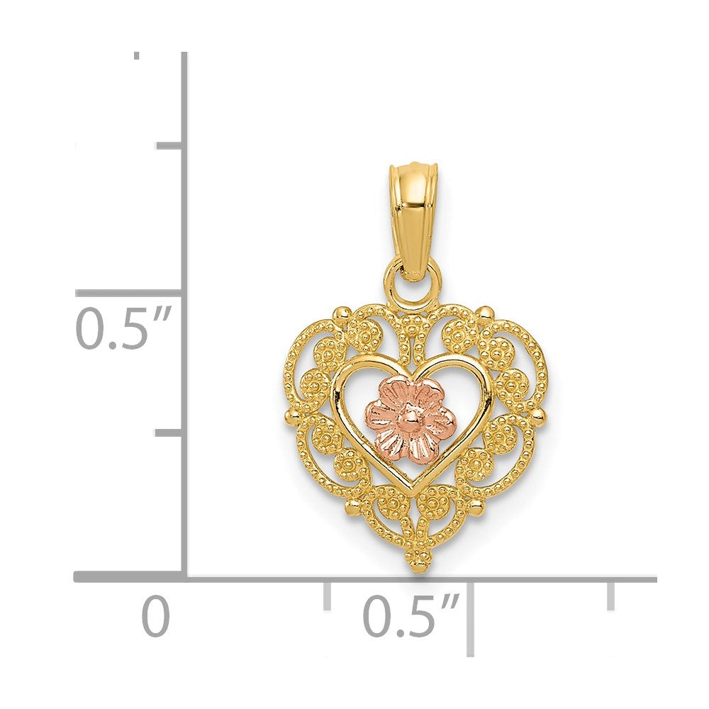Alternate view of the 14k Rose and Yellow Gold, Lace Trim Heart and Pink Flower Pendant by The Black Bow Jewelry Co.