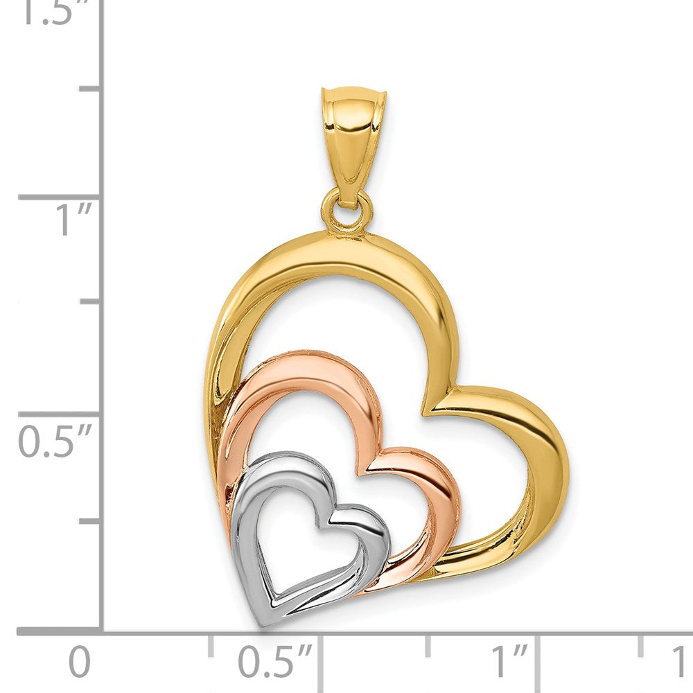 Alternate view of the 14k Yellow &amp; Rose Gold with White Rhodium Triple Slanted Heart Pendant by The Black Bow Jewelry Co.