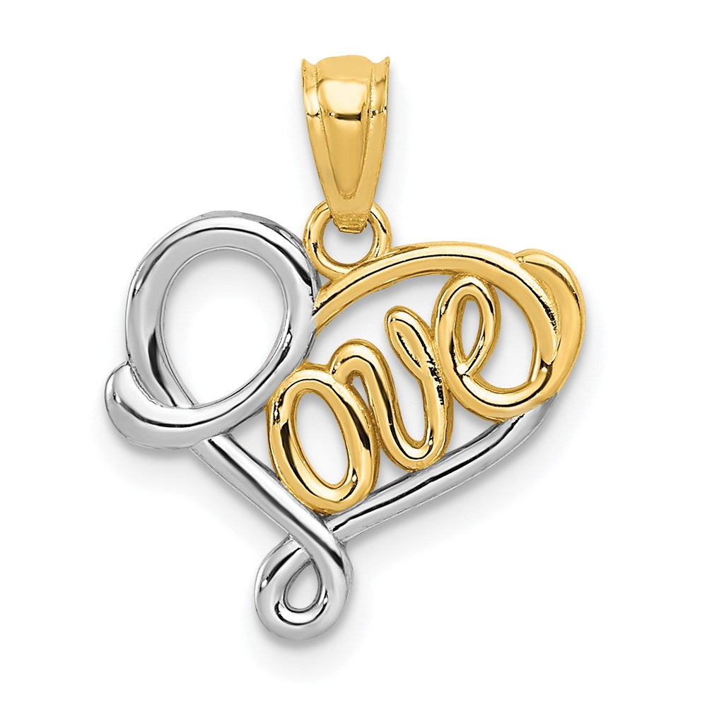 14k Yellow Gold and White Rhodium Two Tone Love Script Heart Pendant, Item P9443 by The Black Bow Jewelry Co.