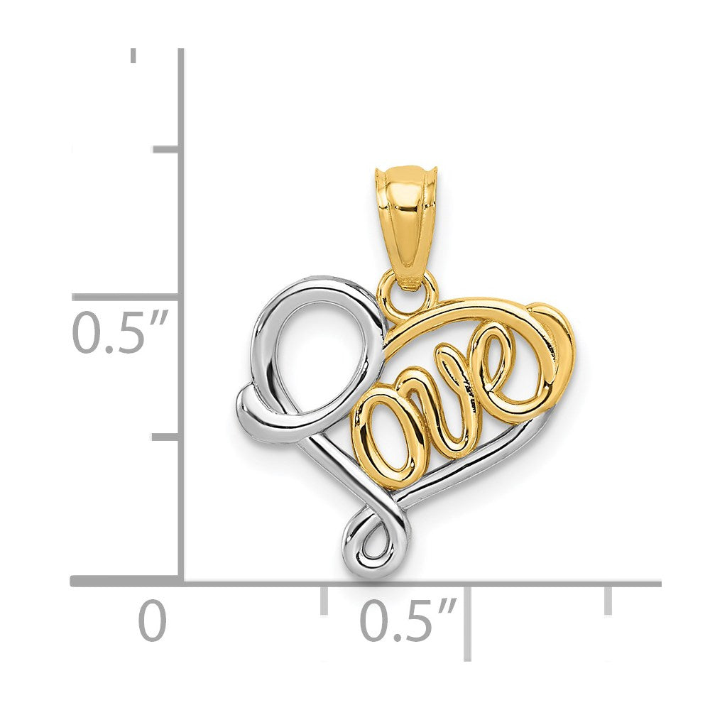 Alternate view of the 14k Yellow Gold and White Rhodium Two Tone Love Script Heart Pendant by The Black Bow Jewelry Co.