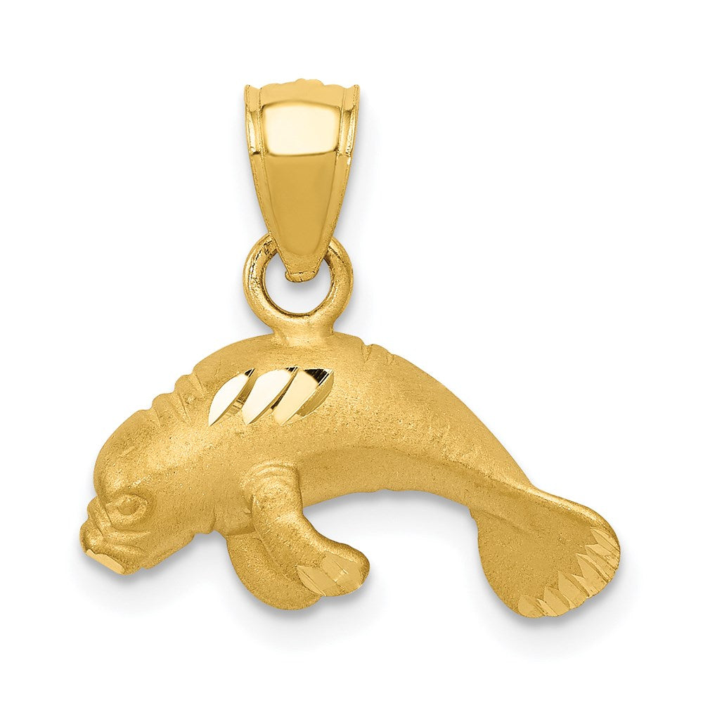 14k Yellow Gold Satin and Diamond Cut Manatee Calf Pendant, Item P9451 by The Black Bow Jewelry Co.
