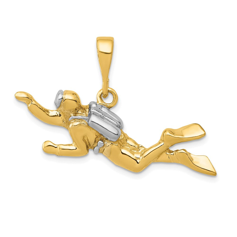 14k Yellow Gold and White Rhodium Two Tone Scuba Diver Pendant, Item P9485 by The Black Bow Jewelry Co.
