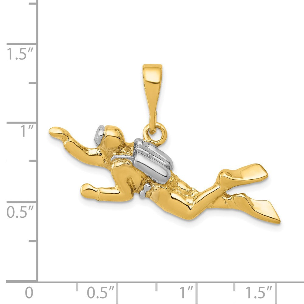 Alternate view of the 14k Yellow Gold and White Rhodium Two Tone Scuba Diver Pendant by The Black Bow Jewelry Co.