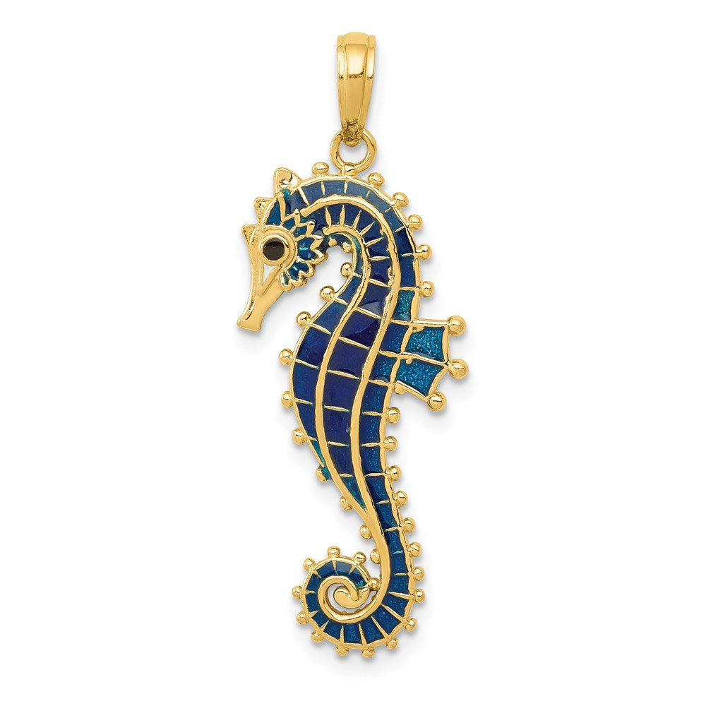 14k Yellow Gold Large Blue Enameled Seahorse Pendant, Item P9514 by The Black Bow Jewelry Co.