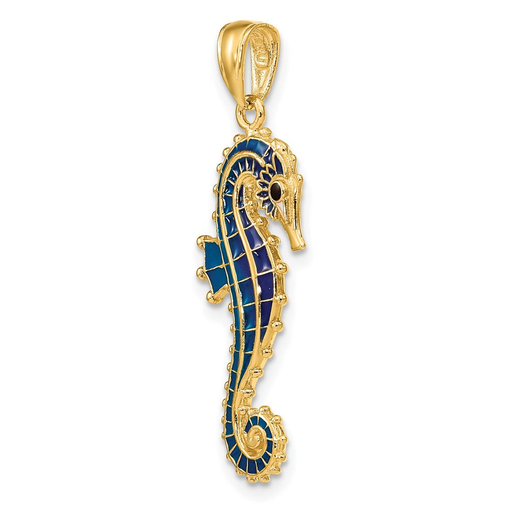 Alternate view of the 14k Yellow Gold Large Blue Enameled Seahorse Pendant by The Black Bow Jewelry Co.
