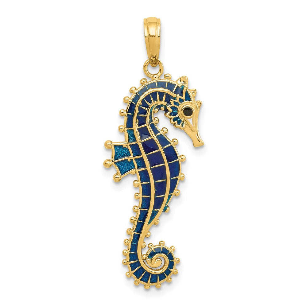 Alternate view of the 14k Yellow Gold Large Blue Enameled Seahorse Pendant by The Black Bow Jewelry Co.