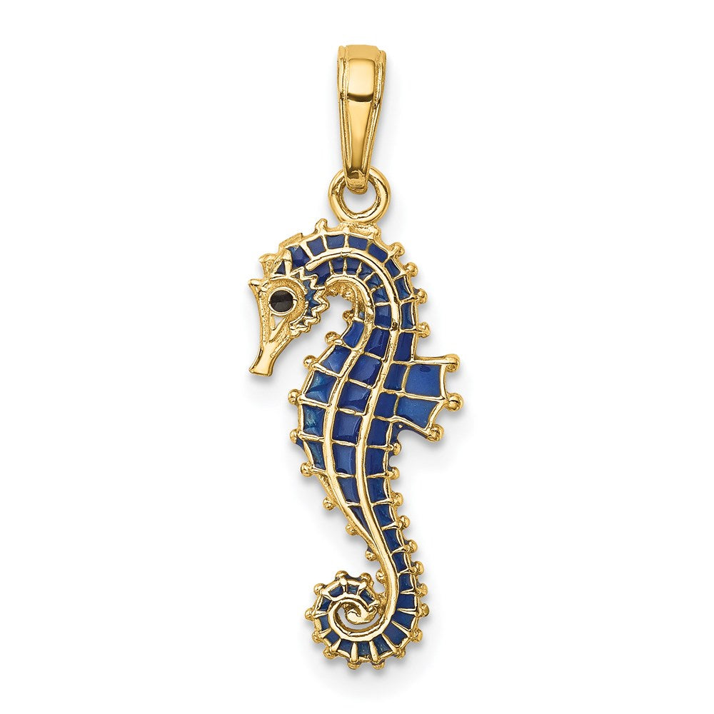 14k Yellow Gold Blue Enameled Seahorse Pendant