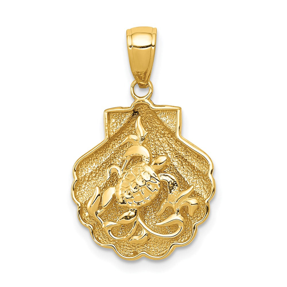 14k Yellow Gold Sea Turtle and Kelp in a Scallop Shell Pendant, Item P9552 by The Black Bow Jewelry Co.