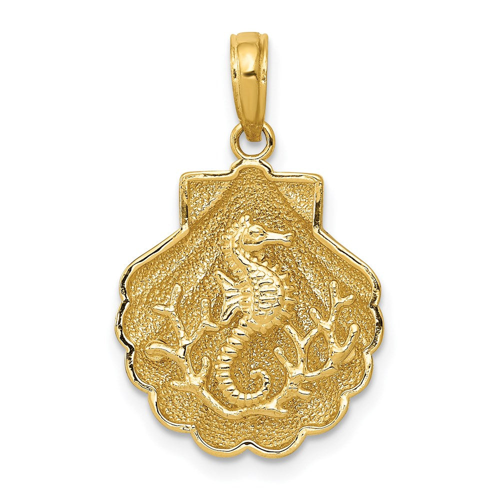 14k Yellow Gold Seahorse and Coral in a Scallop Shell Pendant, Item P9554 by The Black Bow Jewelry Co.