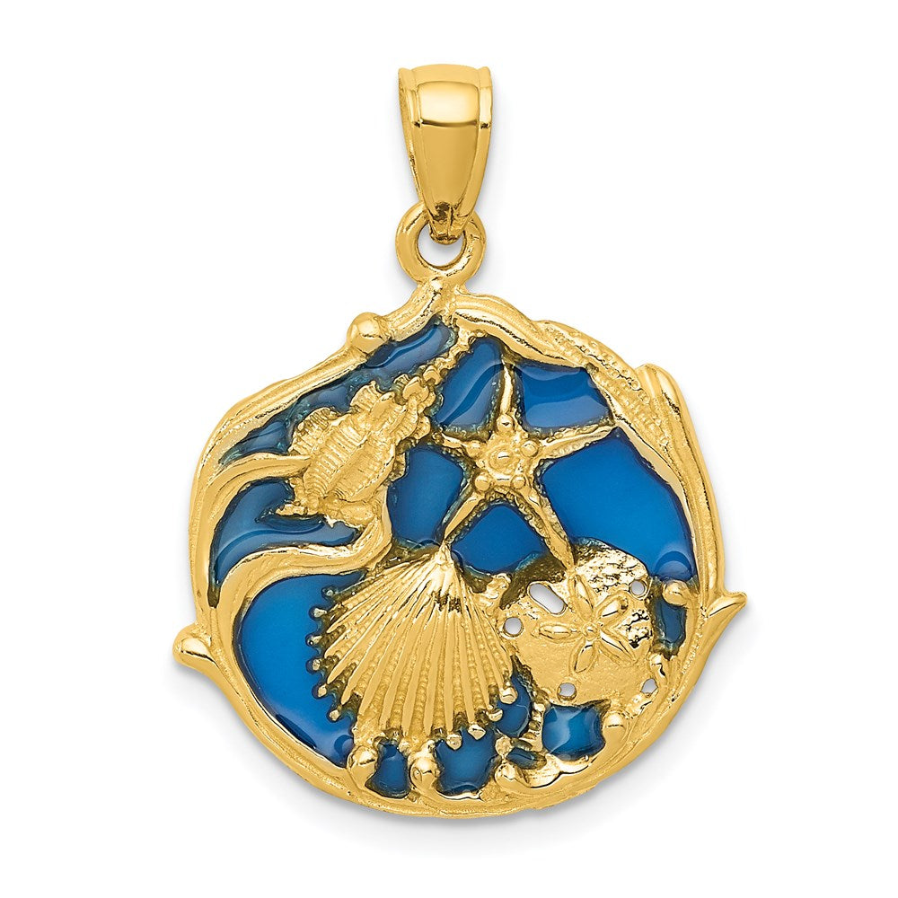 14k Yellow Gold Blue Stained Glassed Cluster Shell Pendant, Item P9559 by The Black Bow Jewelry Co.