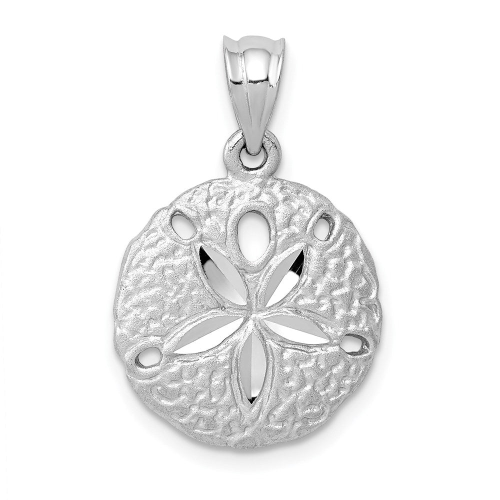 14k White Gold 15mm Diamond Cut Satin Sand Dollar Pendant, Item P9568 by The Black Bow Jewelry Co.