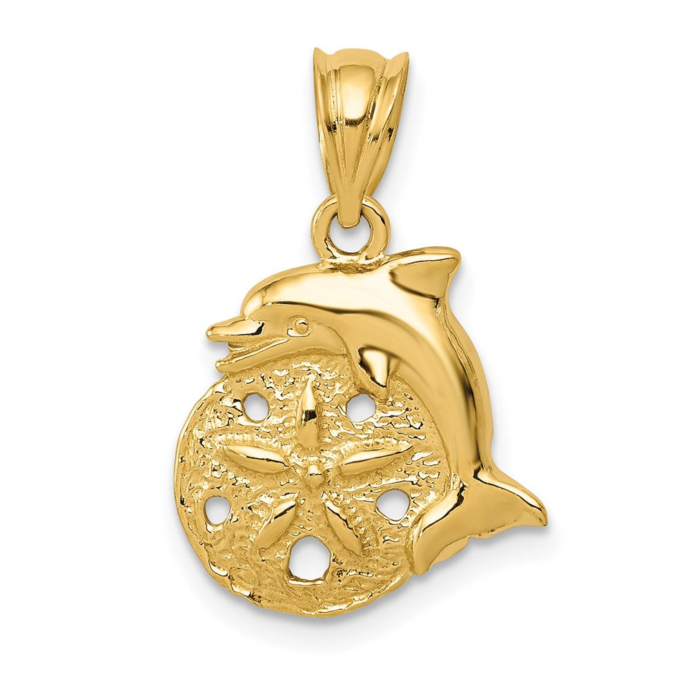 14k Yellow Gold Dolphin and Sand Dollar Pendant, Item P9587 by The Black Bow Jewelry Co.