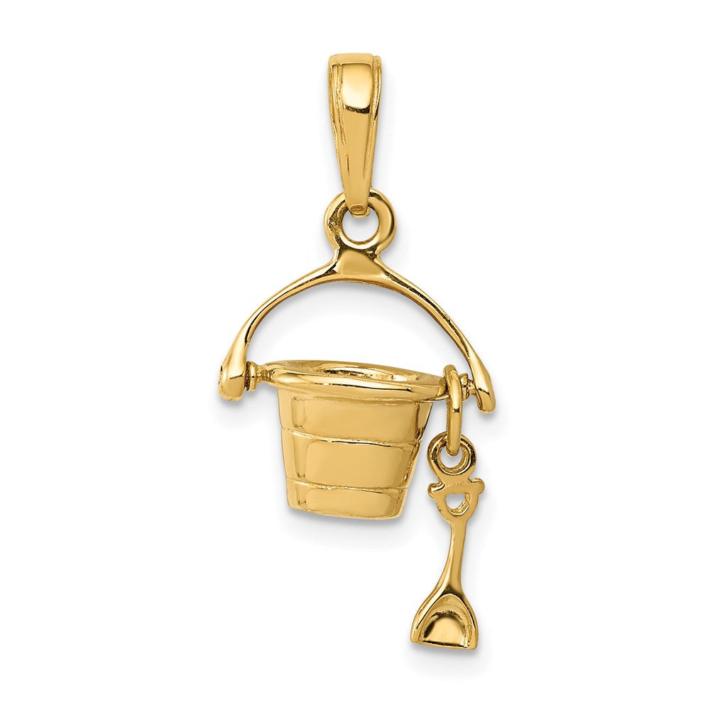 14k Yellow Gold 3D Small Beach Bucket with Shovel Pendant, Item P9650 by The Black Bow Jewelry Co.