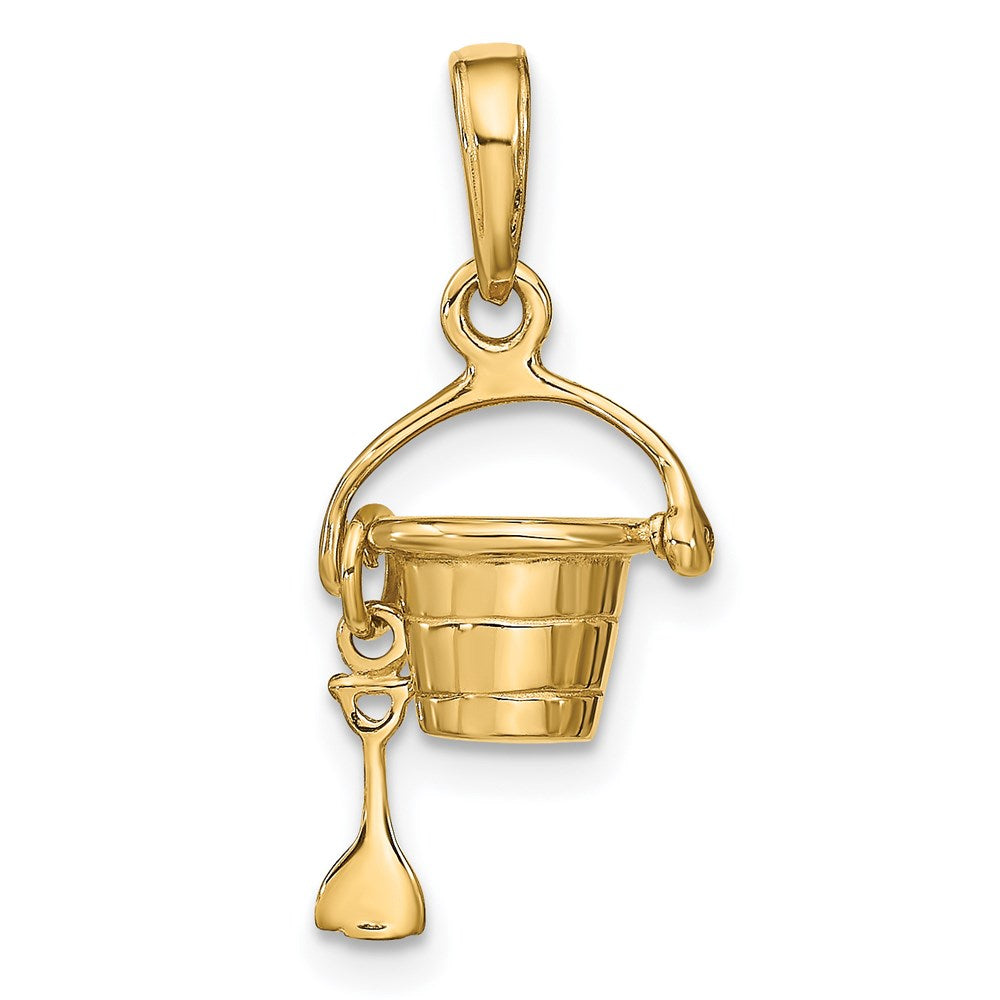 Alternate view of the 14k Yellow Gold 3D Small Beach Bucket with Shovel Pendant by The Black Bow Jewelry Co.