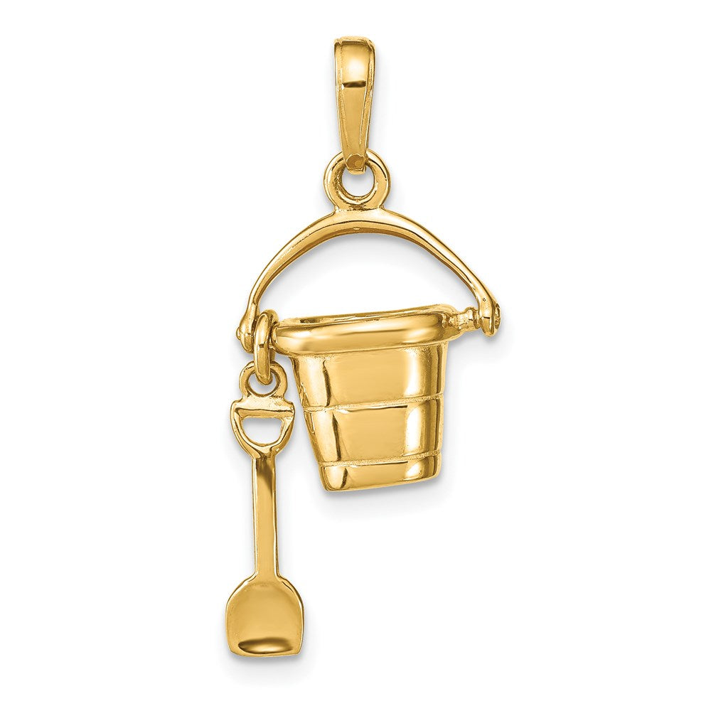 14k Yellow Gold 3D Beach Pail with Shovel Pendant, Item P9651 by The Black Bow Jewelry Co.