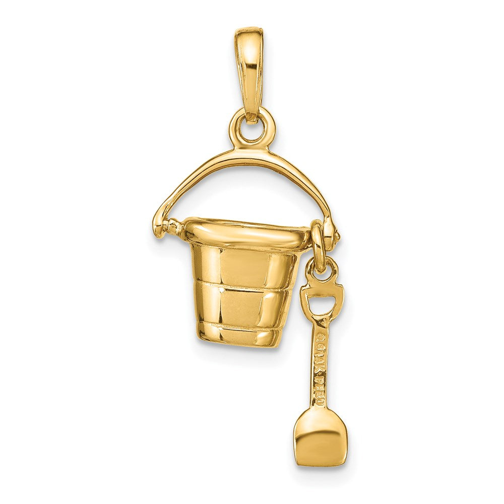 Alternate view of the 14k Yellow Gold 3D Beach Pail with Shovel Pendant by The Black Bow Jewelry Co.