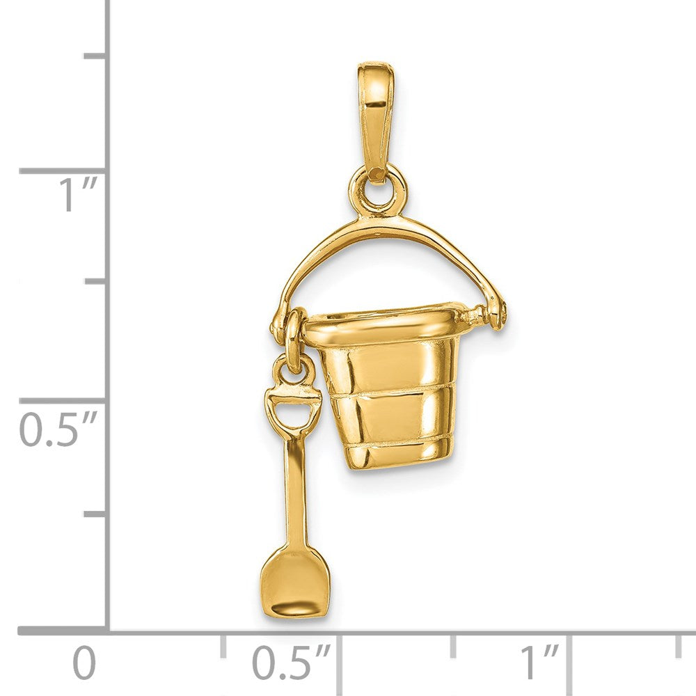 Alternate view of the 14k Yellow Gold 3D Beach Pail with Shovel Pendant by The Black Bow Jewelry Co.