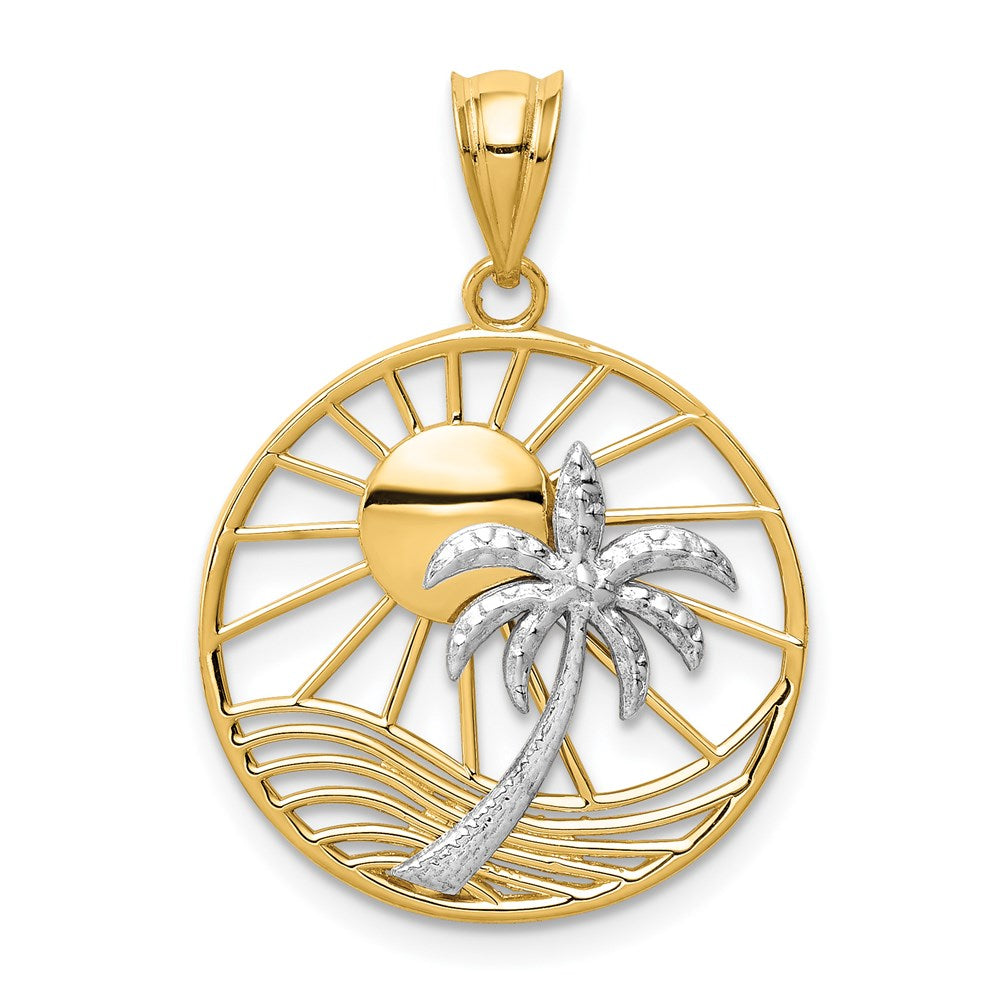 14k Two Tone Gold Sun and Palm Tree Pendant, Item P9657 by The Black Bow Jewelry Co.