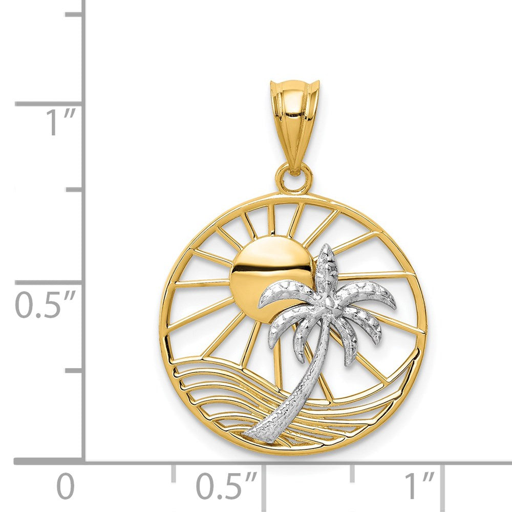 Alternate view of the 14k Two Tone Gold Sun and Palm Tree Pendant by The Black Bow Jewelry Co.