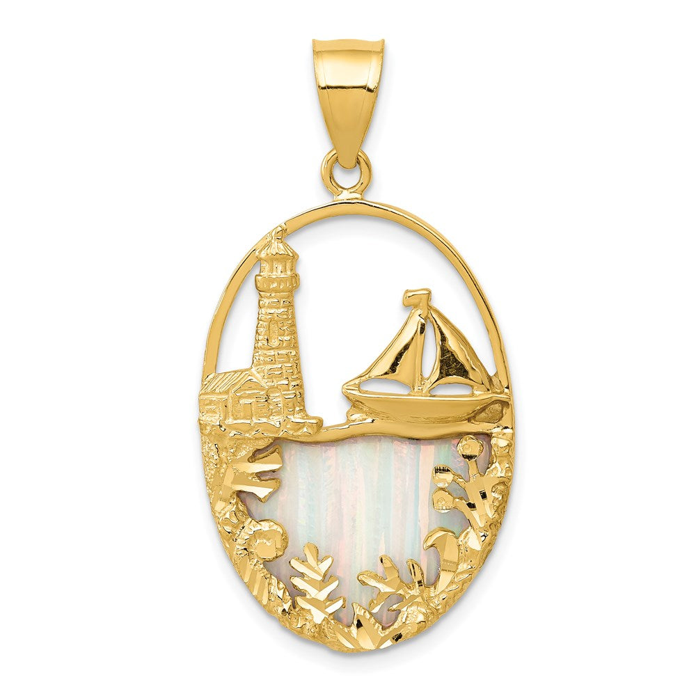 14k Yellow Gold &amp; Imitation Opal Lighthouse and Sailboat Oval Pendant, Item P9678 by The Black Bow Jewelry Co.