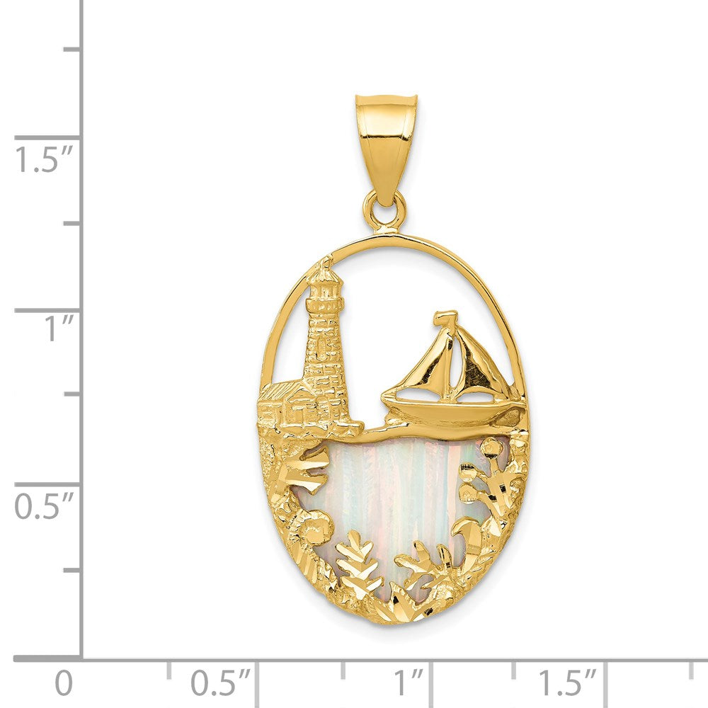Alternate view of the 14k Yellow Gold &amp; Imitation Opal Lighthouse and Sailboat Oval Pendant by The Black Bow Jewelry Co.