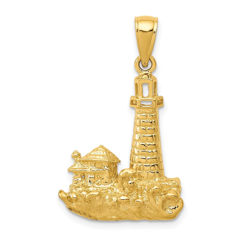 14k Yellow Gold 28mm Wave-washed Lighthouse Pendant, Item P9695 by The Black Bow Jewelry Co.