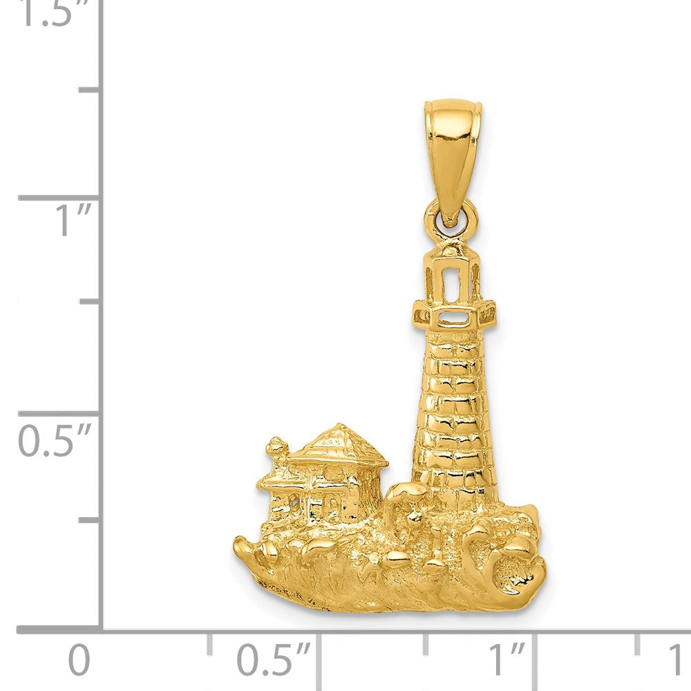 Alternate view of the 14k Yellow Gold 28mm Wave-washed Lighthouse Pendant by The Black Bow Jewelry Co.