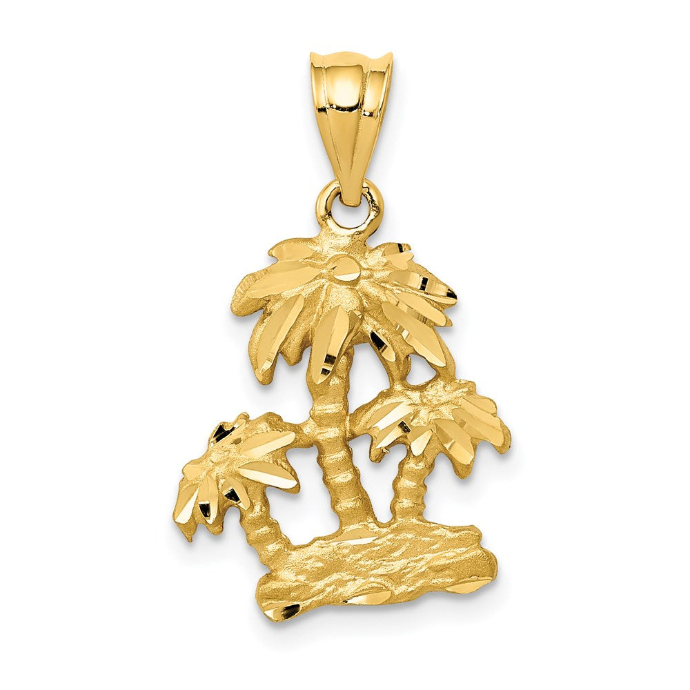 14k Yellow Gold Satin and Diamond Cut Palm Trees Pendant, Item P9737 by The Black Bow Jewelry Co.