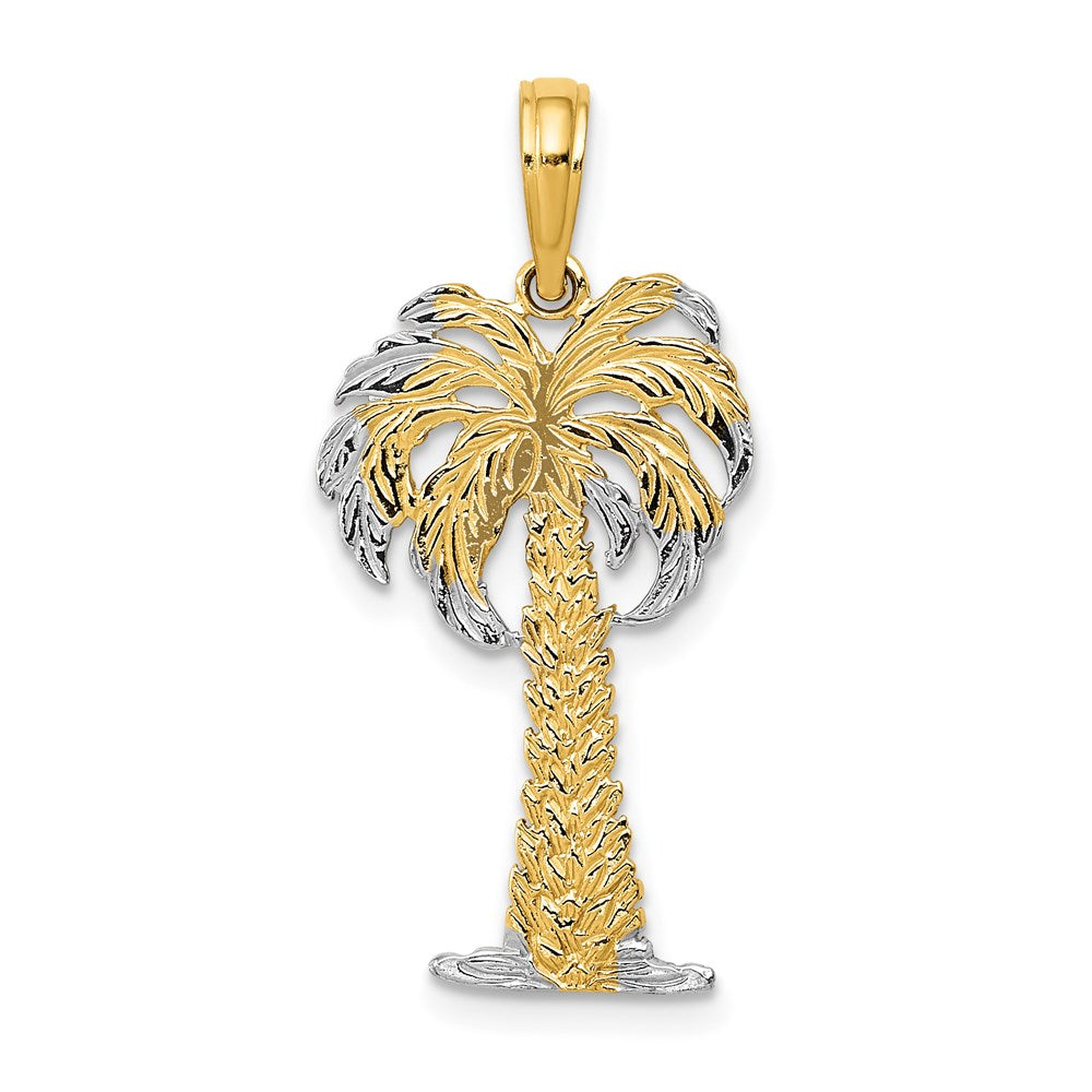 14k Yellow Gold, White Rhodium Polished and Textured Palm Tree Pendant, Item P9764 by The Black Bow Jewelry Co.