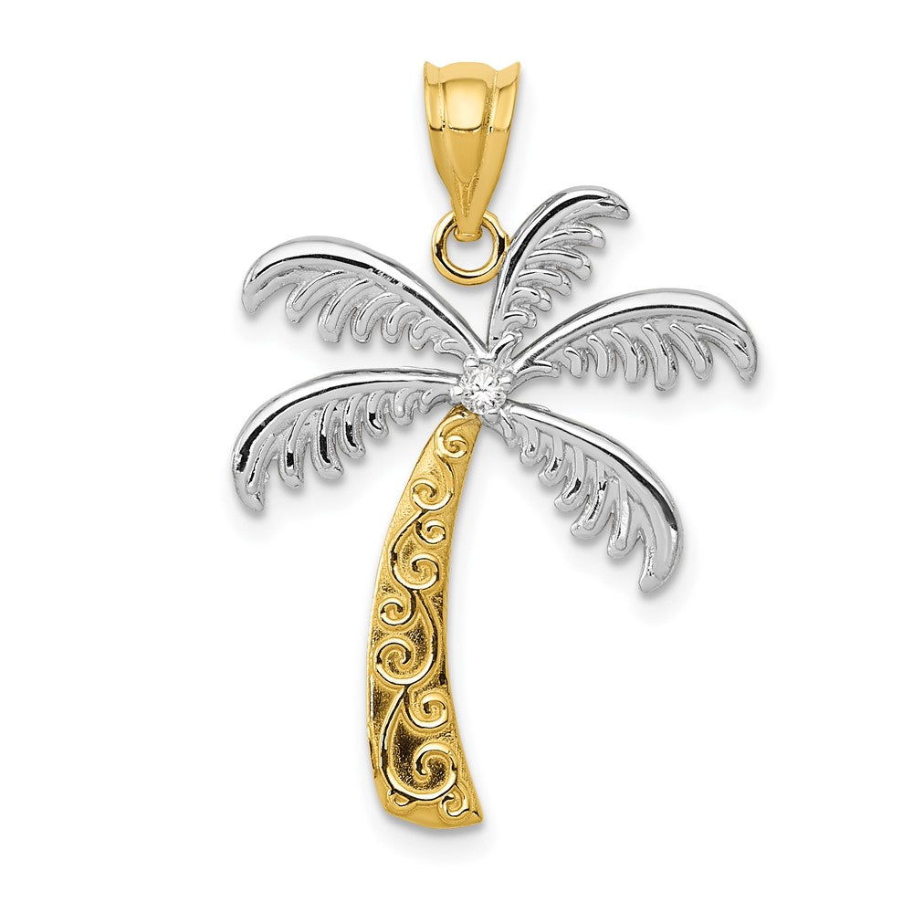 Diamond Palm Tree Pendant in 14k Yellow Gold and White Rhodium, Item P9768 by The Black Bow Jewelry Co.