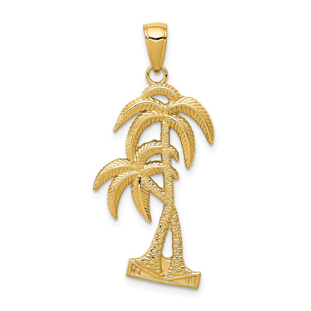14k Yellow Gold Polished and Textured Double Palm Trees Pendant, Item P9772 by The Black Bow Jewelry Co.