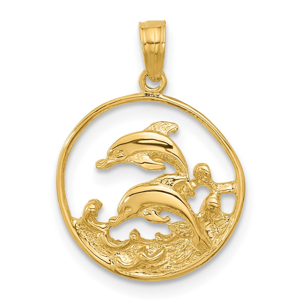 14k Yellow Gold Double Dolphins Circle Pendant, Item P9841 by The Black Bow Jewelry Co.