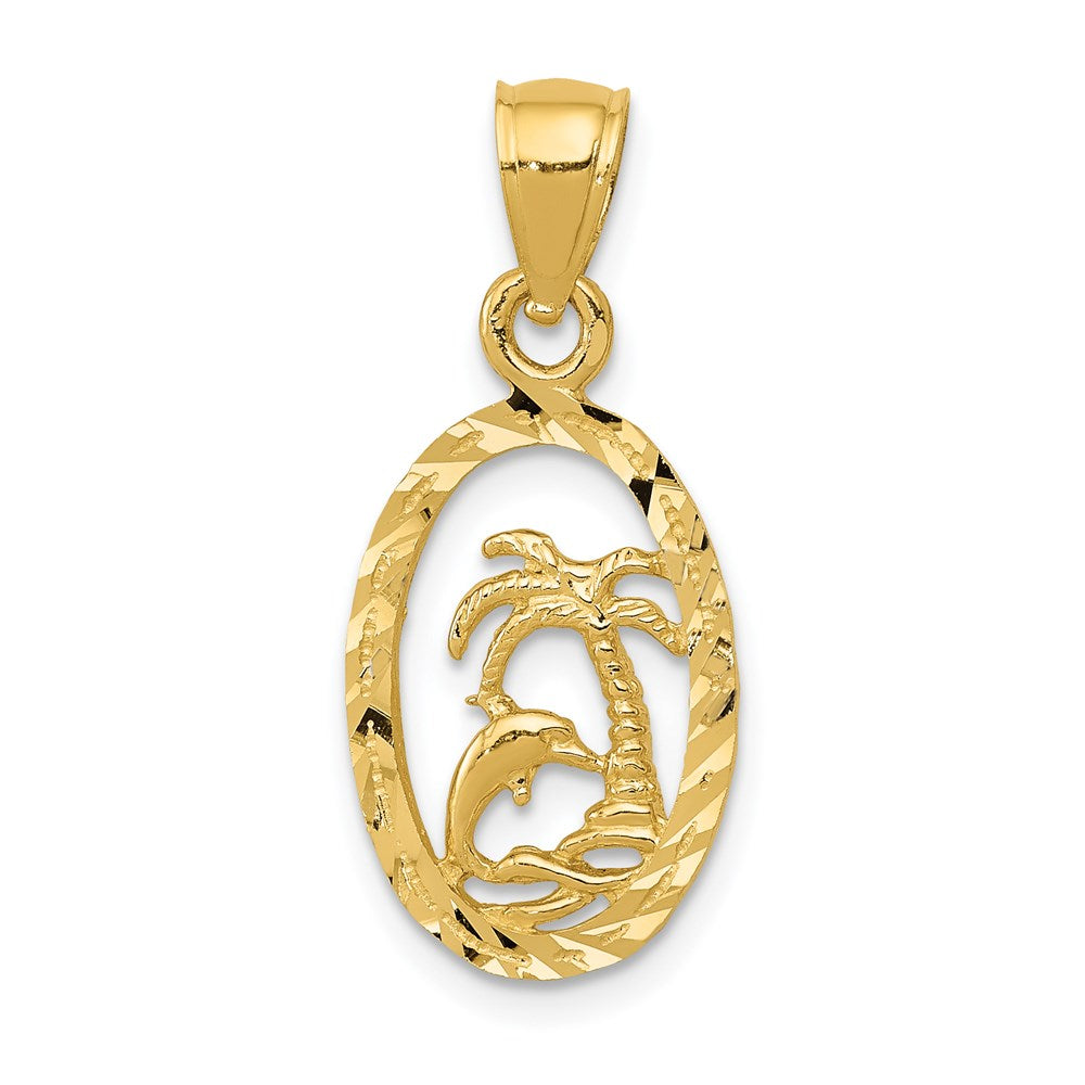 14k Yellow Gold Small Diamond Cut Dolphin and Palm Tree Pendant, Item P9845 by The Black Bow Jewelry Co.