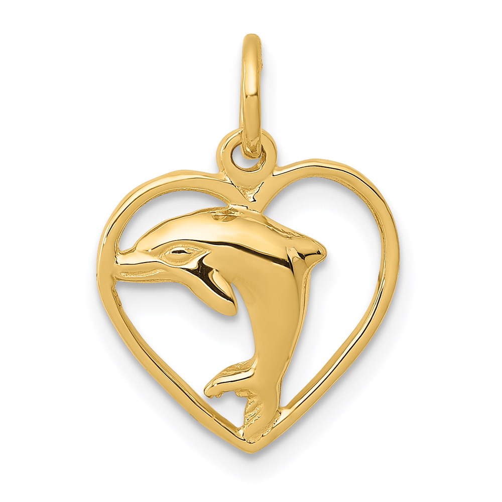 14k Yellow Gold 13mm Dolphin and Heart Charm, Item P9847 by The Black Bow Jewelry Co.