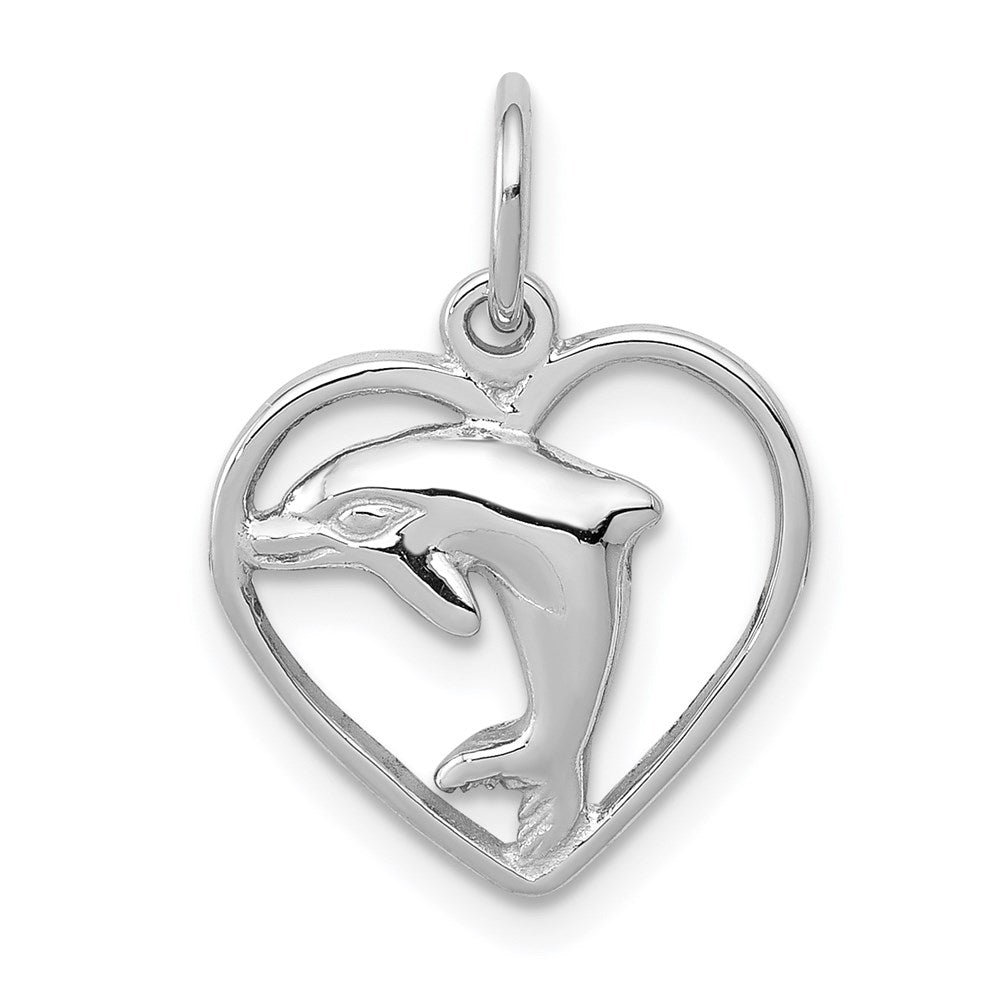 14k White Gold 13mm Dolphin and Heart Charm, Item P9848 by The Black Bow Jewelry Co.