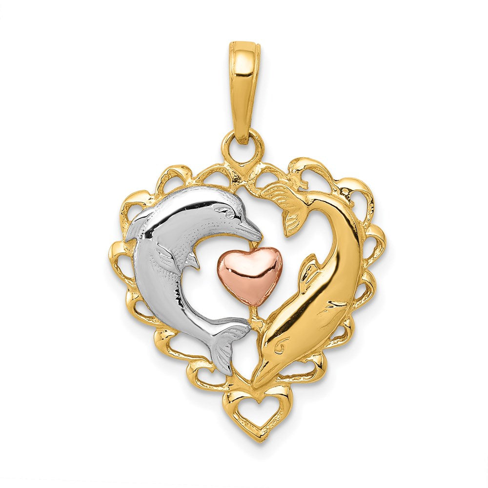 14k Yellow &amp; Rose Gold with White Rhodium Double Dolphin Heart Pendant, Item P9851 by The Black Bow Jewelry Co.