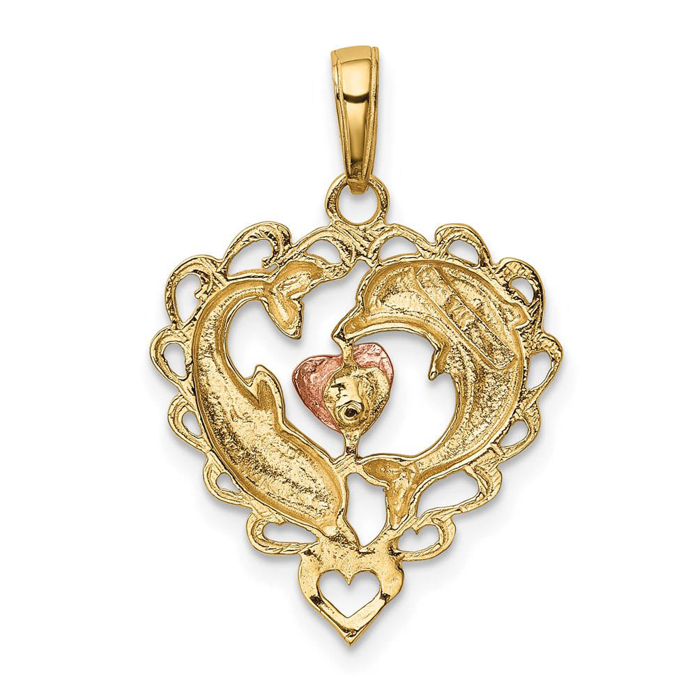 Alternate view of the 14k Yellow &amp; Rose Gold with White Rhodium Double Dolphin Heart Pendant by The Black Bow Jewelry Co.