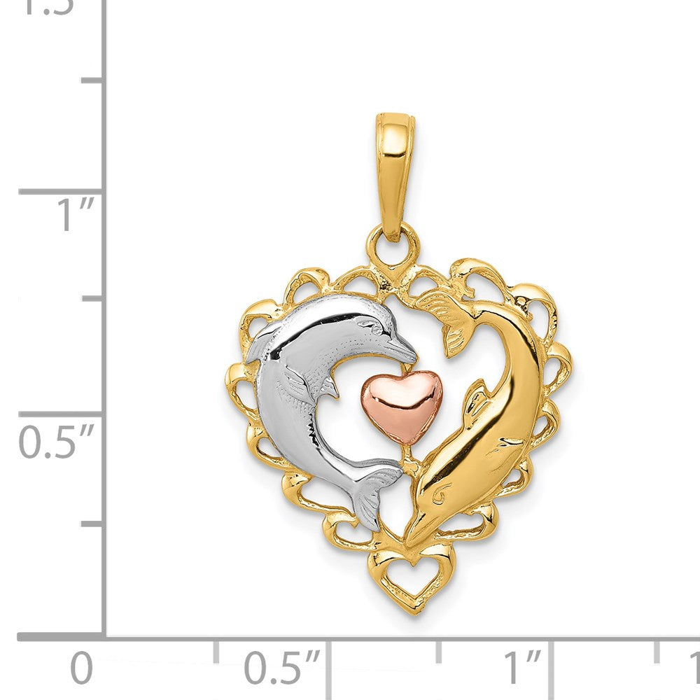 Alternate view of the 14k Yellow &amp; Rose Gold with White Rhodium Double Dolphin Heart Pendant by The Black Bow Jewelry Co.