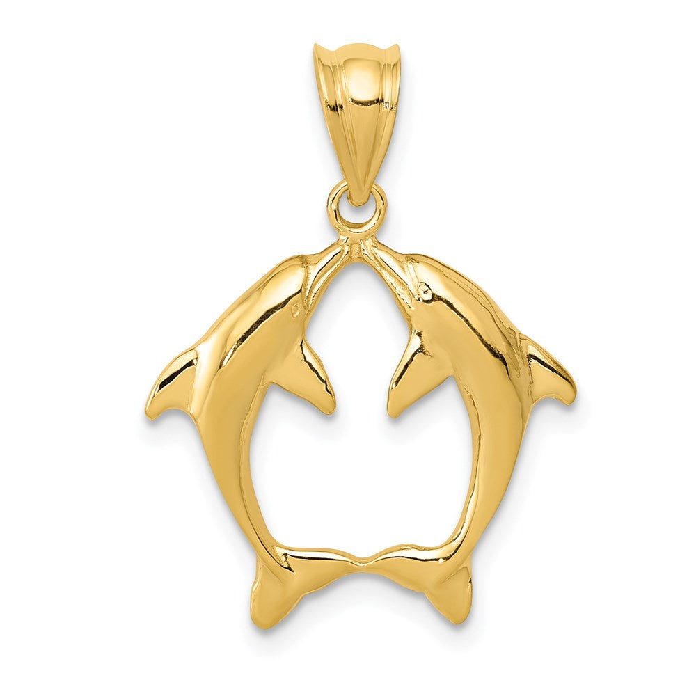 14k Yellow Gold Kissing Dolphins Pendant, Item P9860 by The Black Bow Jewelry Co.