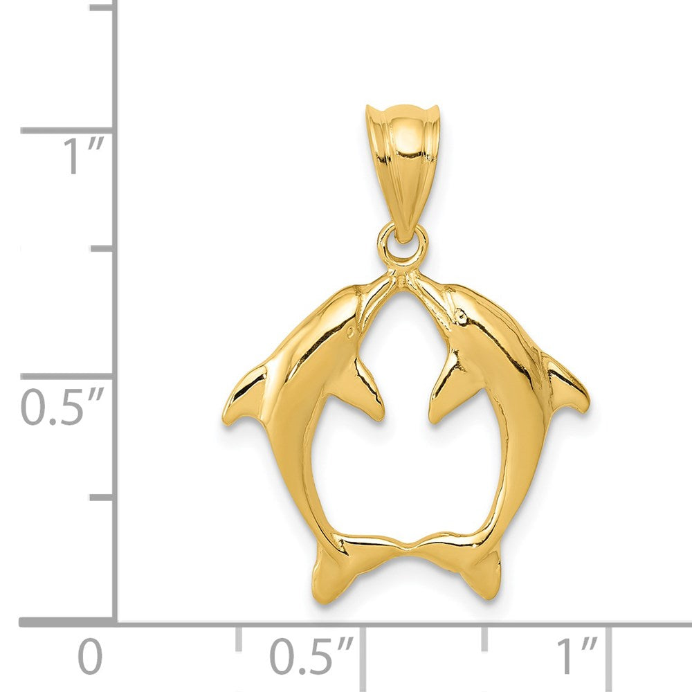 Alternate view of the 14k Yellow Gold Kissing Dolphins Pendant by The Black Bow Jewelry Co.