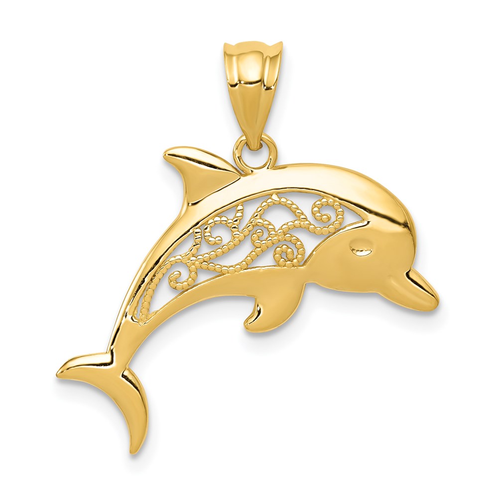 14k Yellow Gold Filigree Dolphin Pendant, Item P9875 by The Black Bow Jewelry Co.