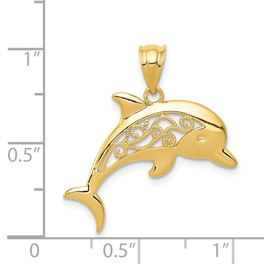 Alternate view of the 14k Yellow Gold Filigree Dolphin Pendant by The Black Bow Jewelry Co.