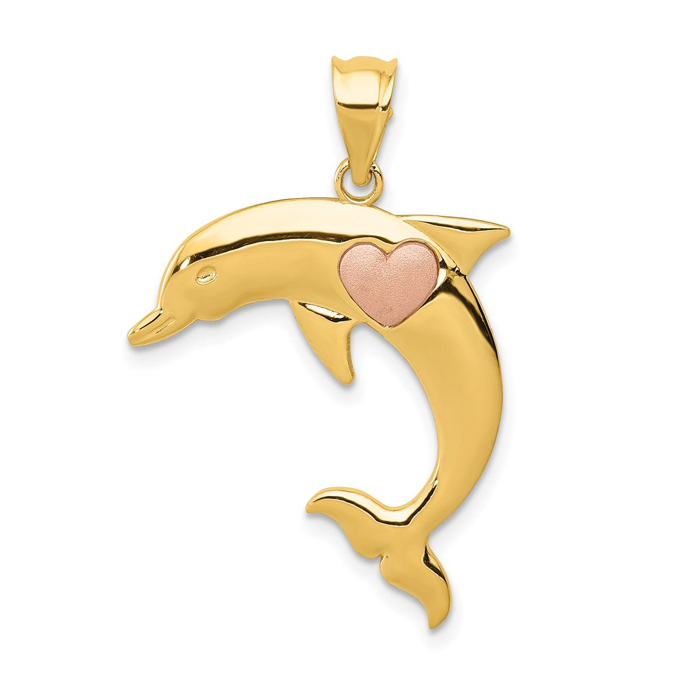 14k Yellow and Rose Gold, Two Tone Dolphin with Heart Pendant, Item P9877 by The Black Bow Jewelry Co.